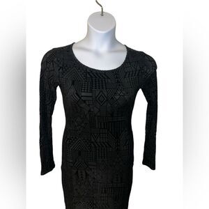 Long sleeve scoop neck black velvet burnout maxi bodycon goth dress sz Small